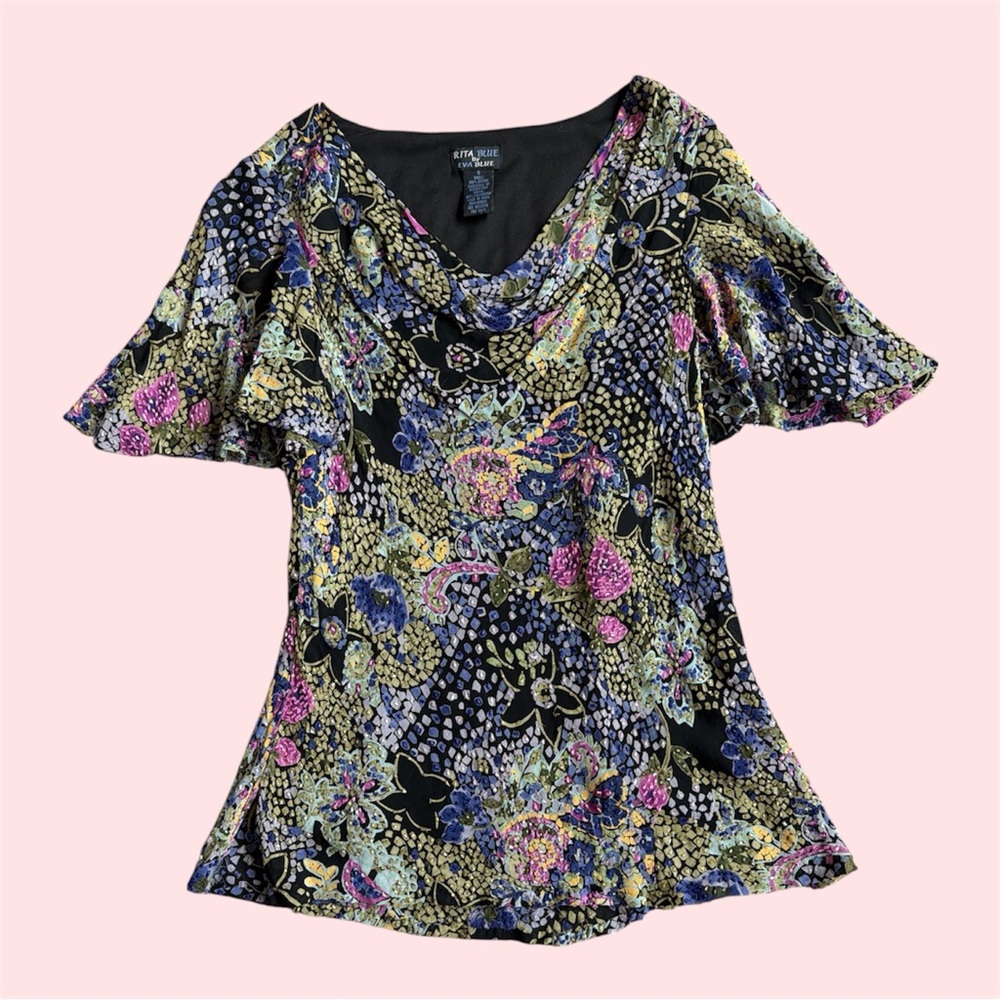 Rita blue by Eva blue fully beaded fairycore cowl neck blouse